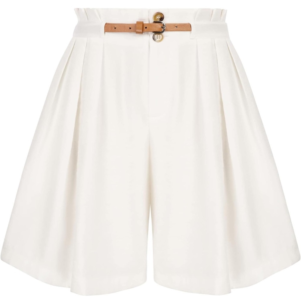 High Waist Pleated Women’s Shorts - White - Picture 3 of 16